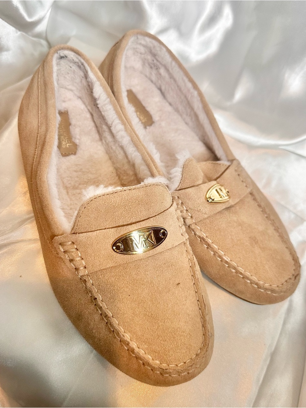 Michael Kors Beige Suede Shearling Loafer with Gold Logo